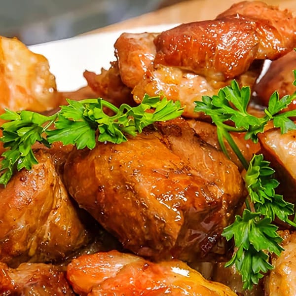 Close-up of glistening, golden-brown Cuban pork chunks garnished with fresh parsley.