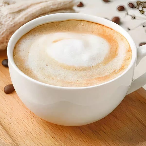 A white mug of Cuban coffee with frothy milk on a wooden surface, surrounded by coffee beans.